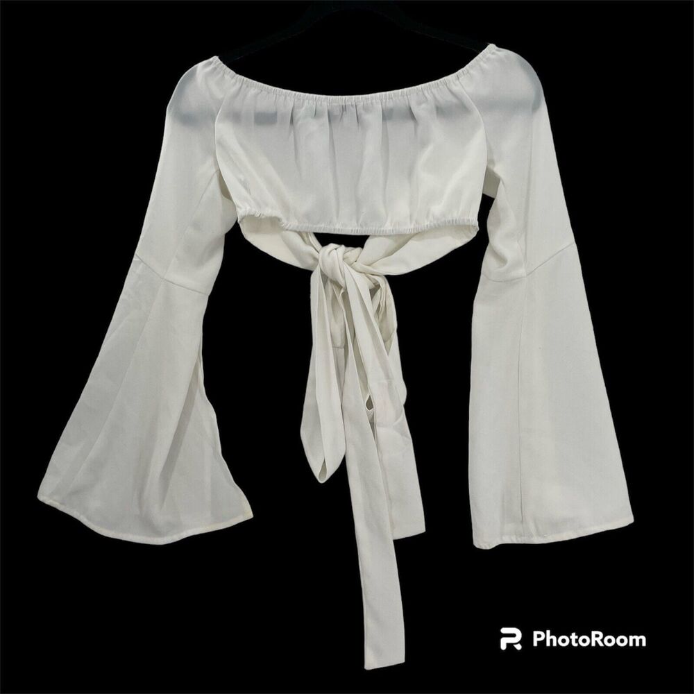 Tobi Crop Top Tie Front Small White Long Flare Sleeve Elastic Back Festival Boho - Picture 2 of 12